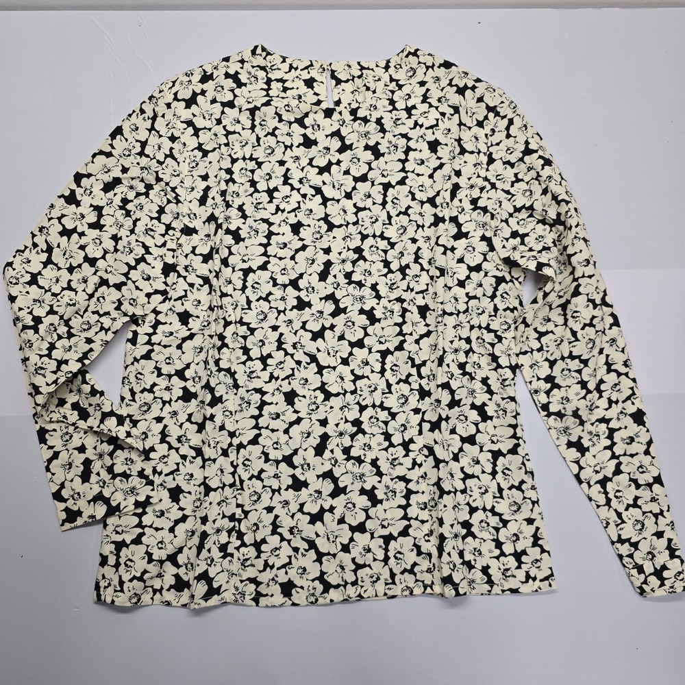 Jones New‎ York Women Black White Floral Rayon Long Sleeve Blouse Top Vintage